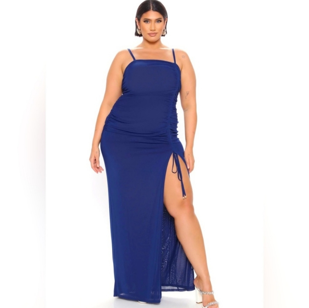 Fashion Nova Sheer Rouched Drawstring Side Slit Maxi Dress